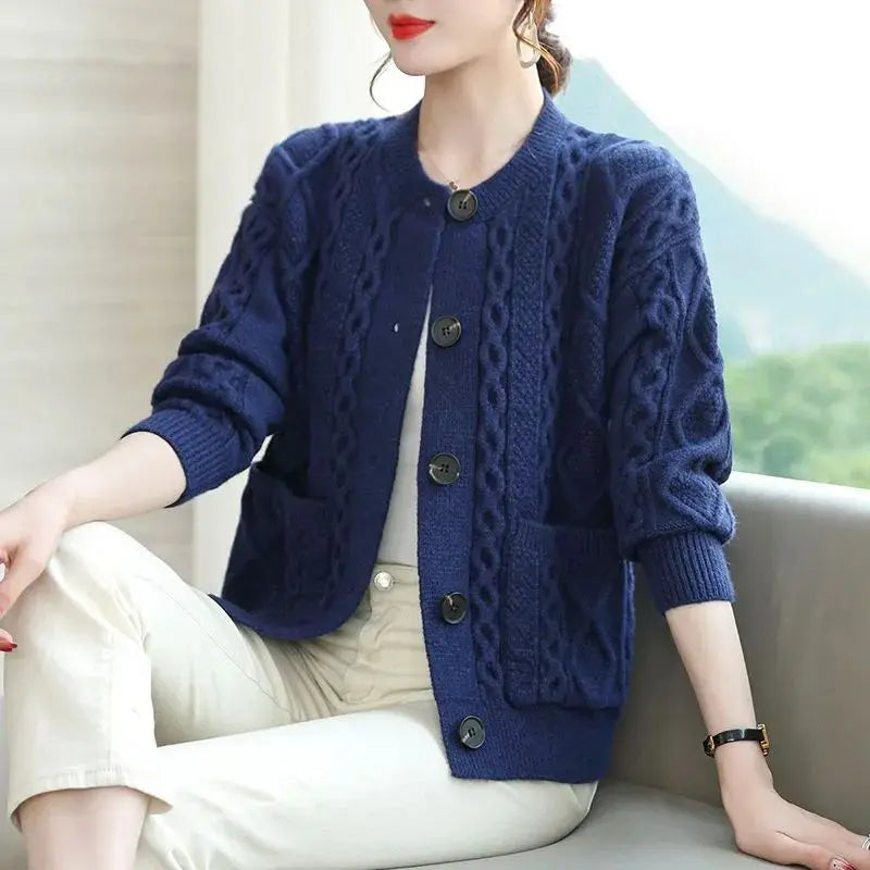 Autumn and Winter Women Stylish Vintage Loose Twists Knitted Cardigan Elegant Solid O Neck Long Sleeve Pocket Thick Sweater Coat