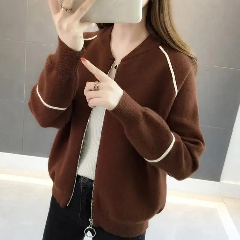 Solid Color Zipper Lantern Long Sleeve Sweater Knitted Women's Clothing Cardigan Autumn Winter Round Neck Office Lady Tops