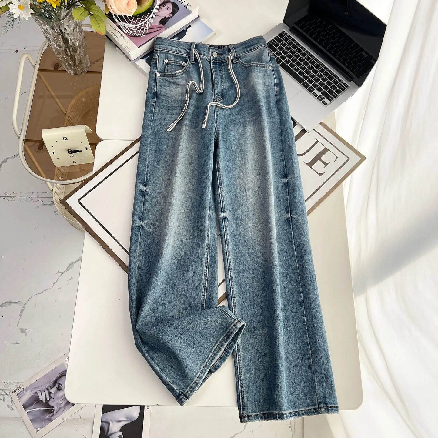 Plus Size Women's High Waist Drawstring Wide Leg Jeans 2025 Spring Fall Premium Slimming Narrow Straight Leg Casual Pants