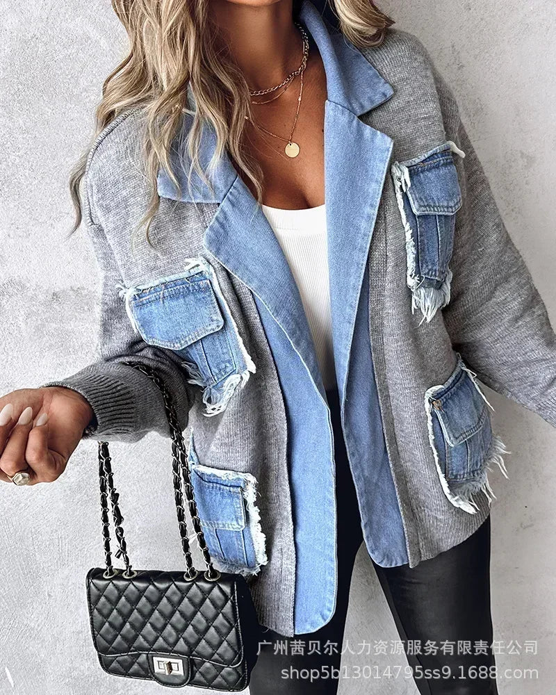 Raw Hem Cardigan Women Sweaters Patchwork Notched Collar Knitted Denim Jackets Jumpers Pockets Thick Coats Autumn Winter Outwear