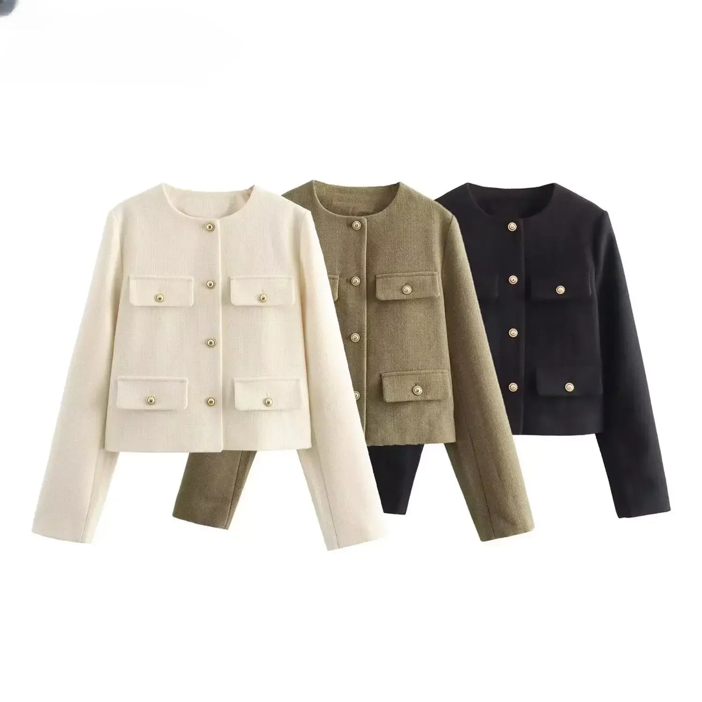 ASDS Women Fashion Autumn Winter Single-breasted Textured Round Neck Flip Pocket Short Jacket Coat Chic Ladies Tops Mujer