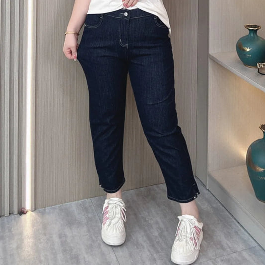 Dark Blue Jeans Women's Summer Plus Size Elastic Waist Loose Slimming Thin Casual Straight Ankle-Length Harem Pants