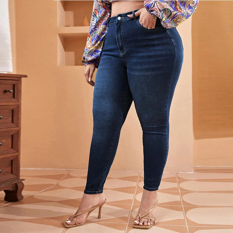 Plus Size Women Mom Jeans High Waist Plus Size Jeans High Elastic Stretch Jeans 100kgs Washed Denim Skinny Pencil Denim Pant