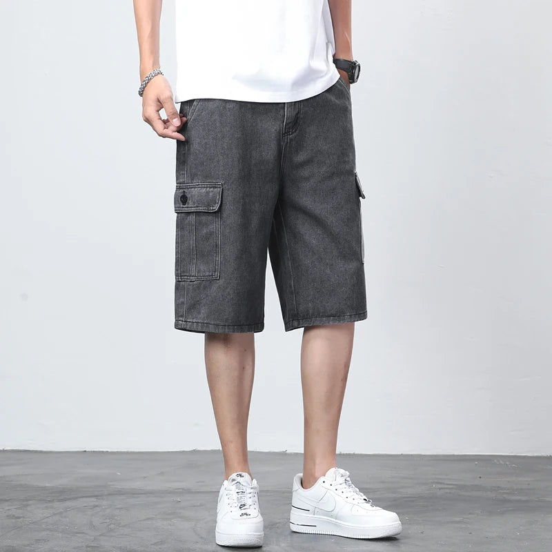 Denim Shorts for Men's Cargo Pants Large Pockets Casual Fashion Wide Short Pants Baggy Bermuda Jeans Male Beach Pants