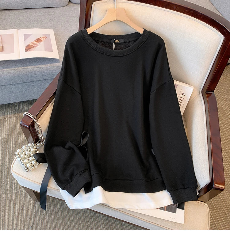 Spring and Autumn New Plus Size Women's Black and Green Fake Two Piece Sweatshirt Round Neck Casual Tie Long Sleeve Top 2024 big