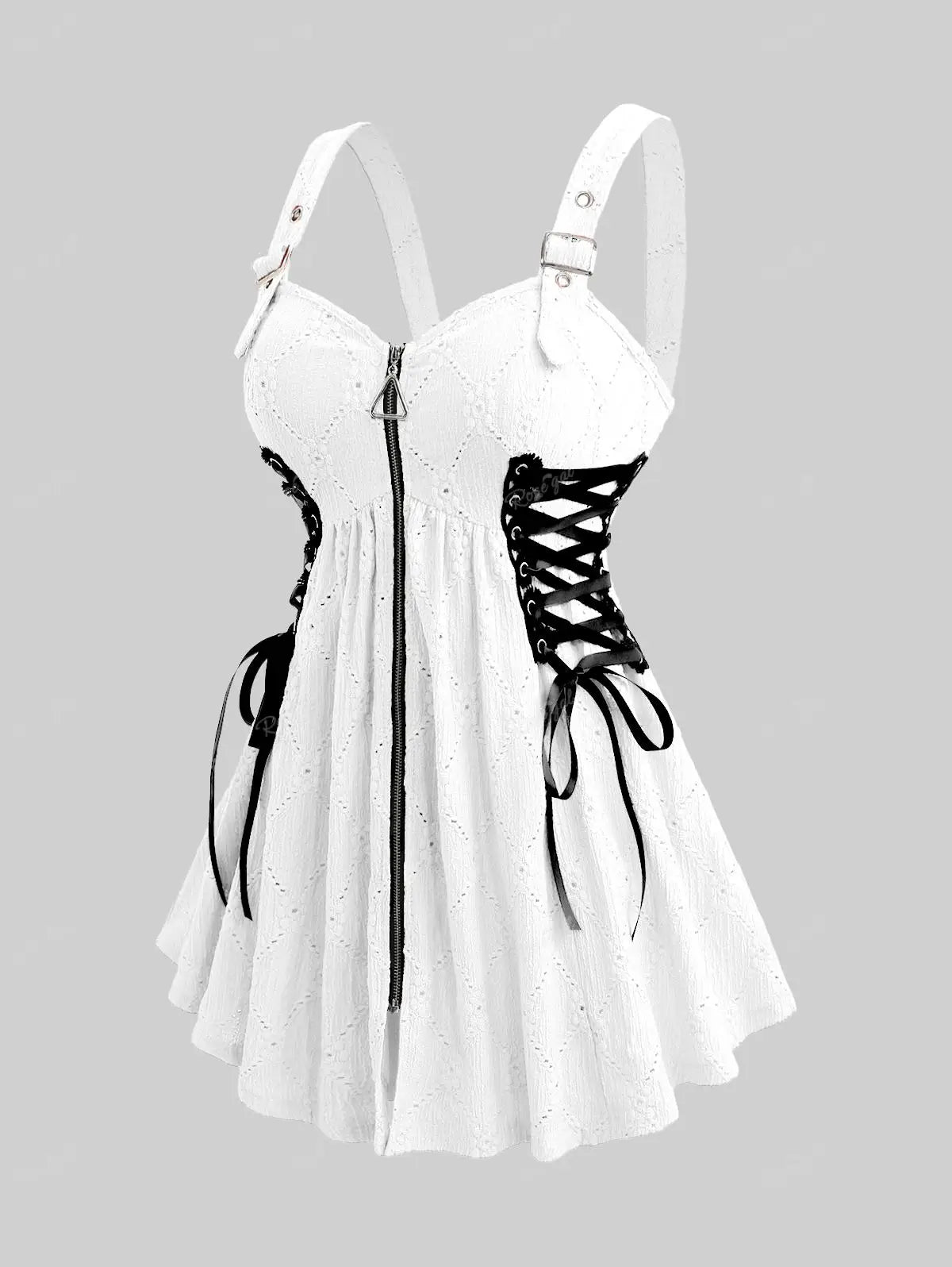 ROSEGAL Plus Size White Hollow Out Lace-Up Zipper Tank Tops Women Summer Jacquard Textured  Buckle Grommet Backless Vest