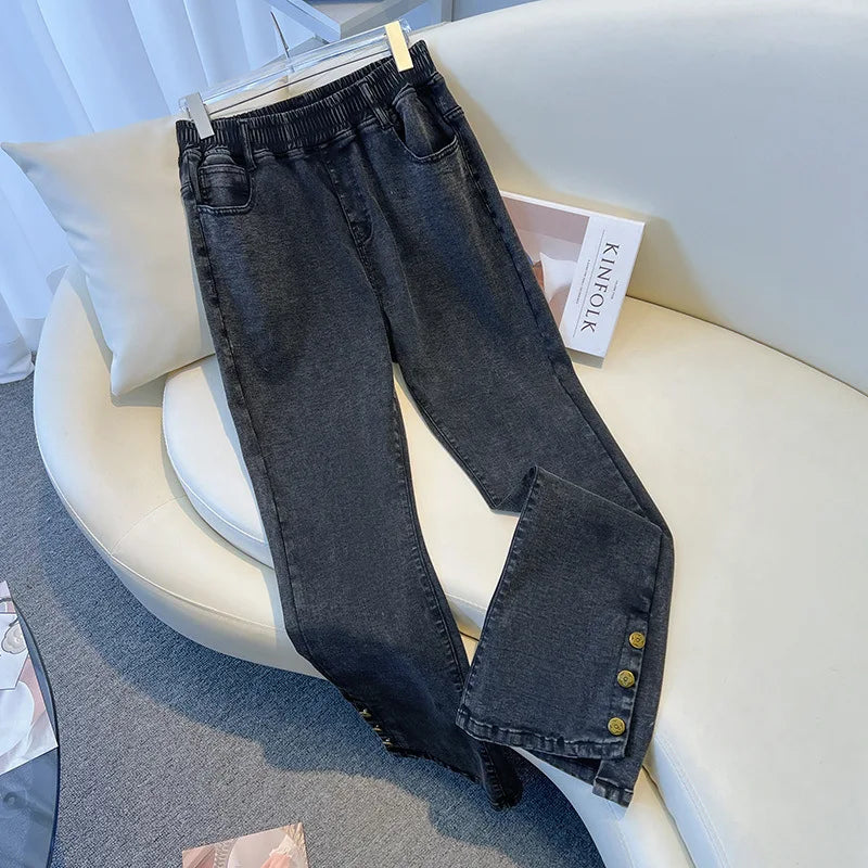 155Kg Plus Size Women's Jeans Hip 150-160 High Waist Casual Loose Flare Pants Trousers Black Black-Gray 5XL 6XL 7XL 8XL 9XL