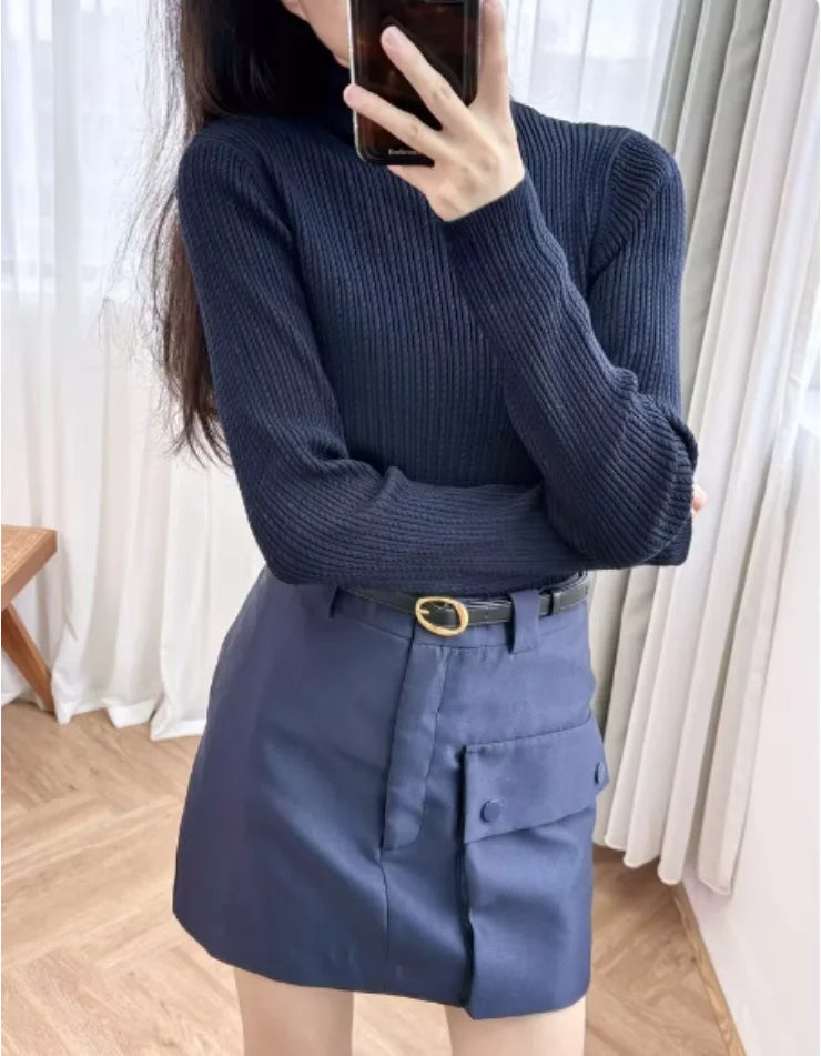 Women Turtleneck Sweater Simple Ribbed Slim Long Sleeve 2024 Early Autumn Female Knitted Bottoming Pullover 5230320