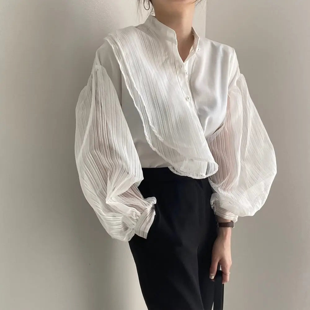 Shirts Women Elegant Chic Summer \Mesh Patchwork Stand Collar Daily Casual Classy Loose Lady Tops Lantern Sleeve Vintage Clothes