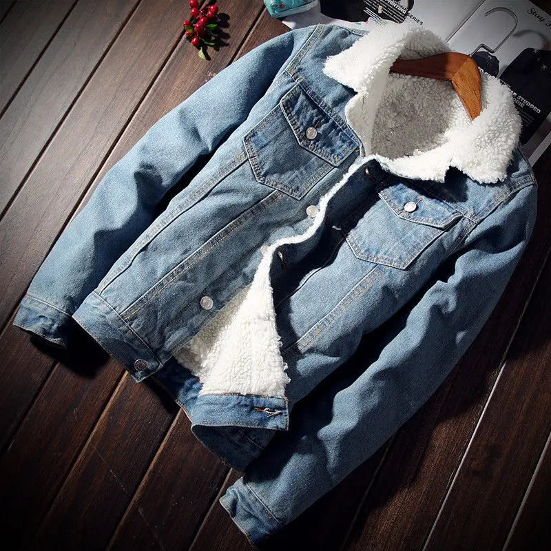 Denim Jackets Man Padding with Sheep Jeans Coat for Men Padded Wool Black Warm Slim Fit Lxury Low Cost One Piece Fashion Casual