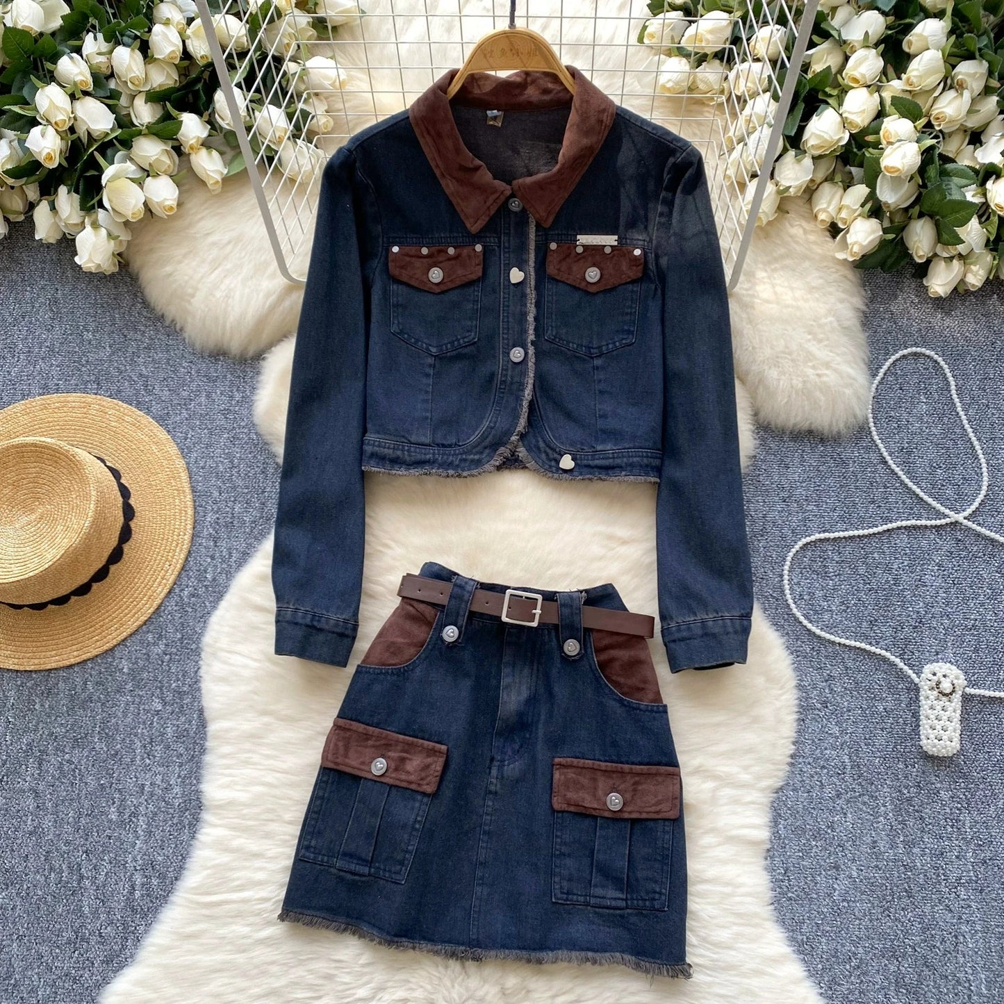 Jean two pieces set for women Color Splicing Turn-down Coollar Long-sleeved Denim Jacket+Slim Waist Pack Hip Mini Skirt