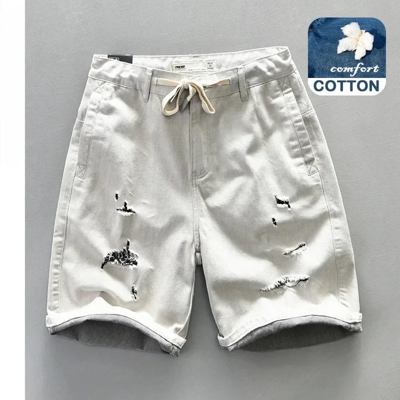 2024 Summer New Casual Washed Cargo Ripped Jeans Denim Shorts Men Clothing Loose Washed Soft Cotton Knee Length Men Pants