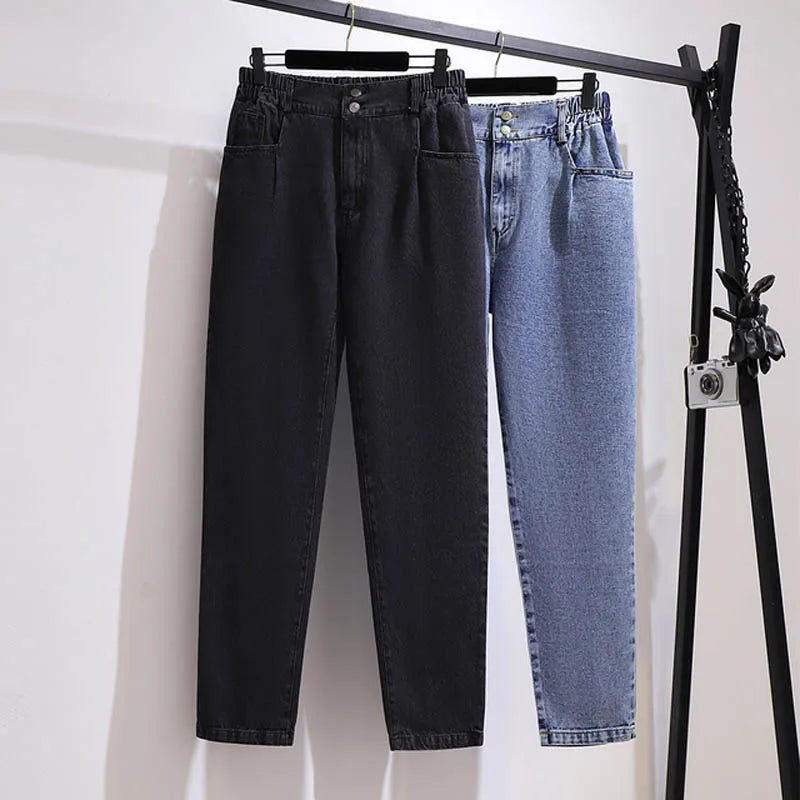 150Kg Plus Size Women's Spring Autumn Loose High Waist Slim Jeans 6XL 7XL 8XL 9XL 10XL Straight Wide Leg Pants Black Blue