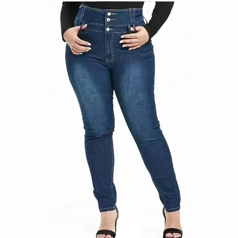 Plus Size Button Up Skinny Black Gray Long Jeans 4XL 5XL Women Spring High Waist Stretch Skinny Thin Denim Pants Lady Trousers