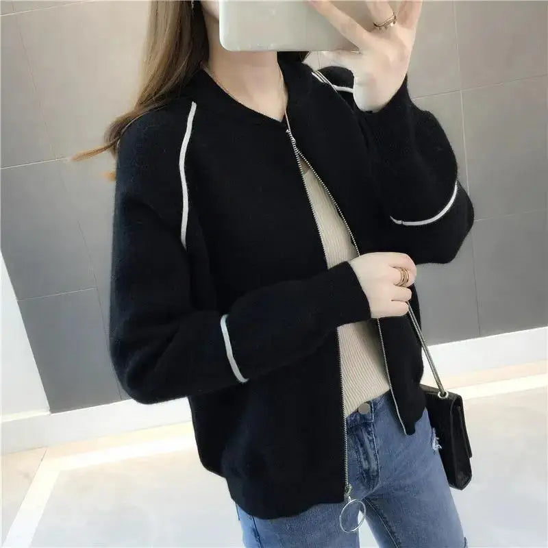 Solid Color Zipper Lantern Long Sleeve Sweater Knitted Women's Clothing Cardigan Autumn Winter Round Neck Office Lady Tops