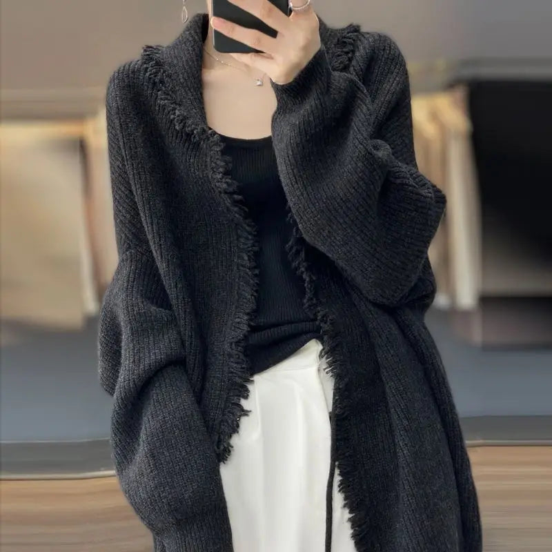 Autumn Winter New Fashion V-neck Long Sleeve Solid Tassels Cardigan Sweaters Women's Clothing Loose All-match Knitting Chic Tops