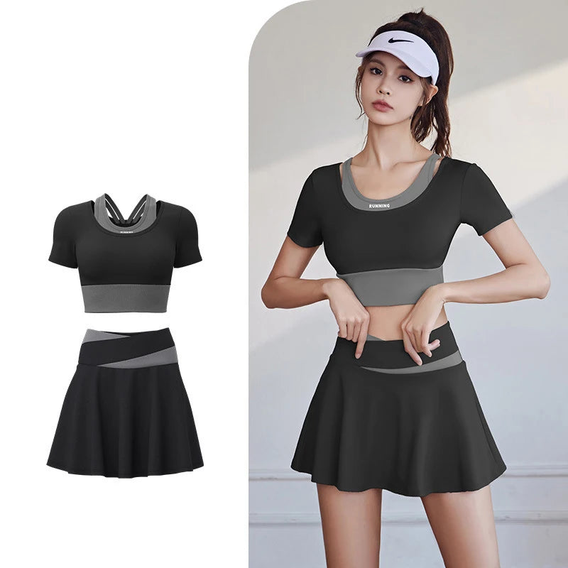 2Pcs Women's gym yoga set Professional training sports running Pilates fitness set colorblock leggings skirt short sleeve