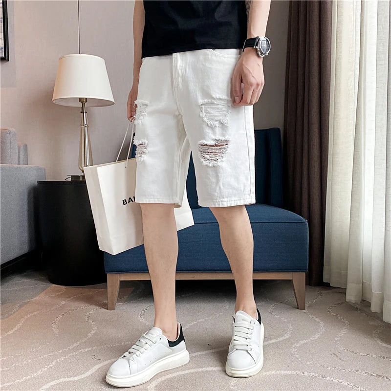 Summer Men's Casual White Denim Shorts White Fashion Ripped Straight Pants Stretch Slimsoft Male Knee Length Hole Short Jeans