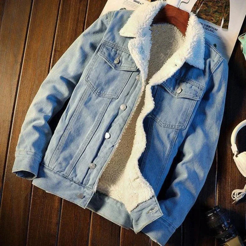 Denim Jackets Man Padding with Sheep Jeans Coat for Men Padded Wool Black Warm Slim Fit Lxury Low Cost One Piece Fashion Casual