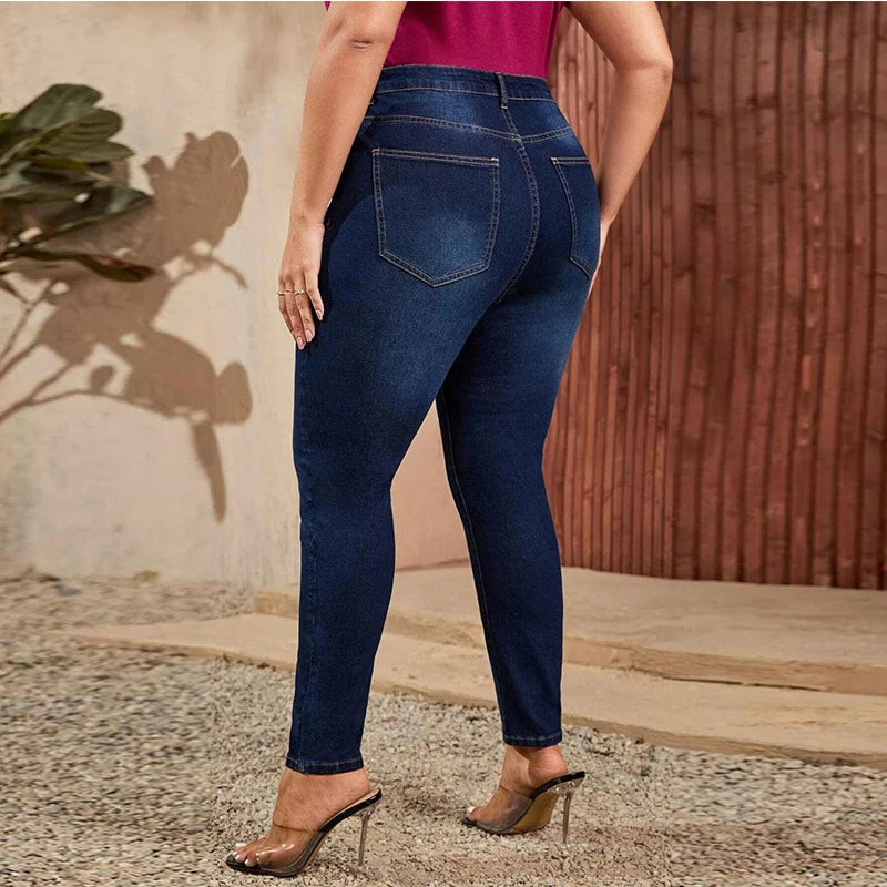 Plus Size Women Mom Jeans High Waist Plus Size Jeans High Elastic Stretch Jeans 100kgs Washed Denim Skinny Pencil Denim Pant