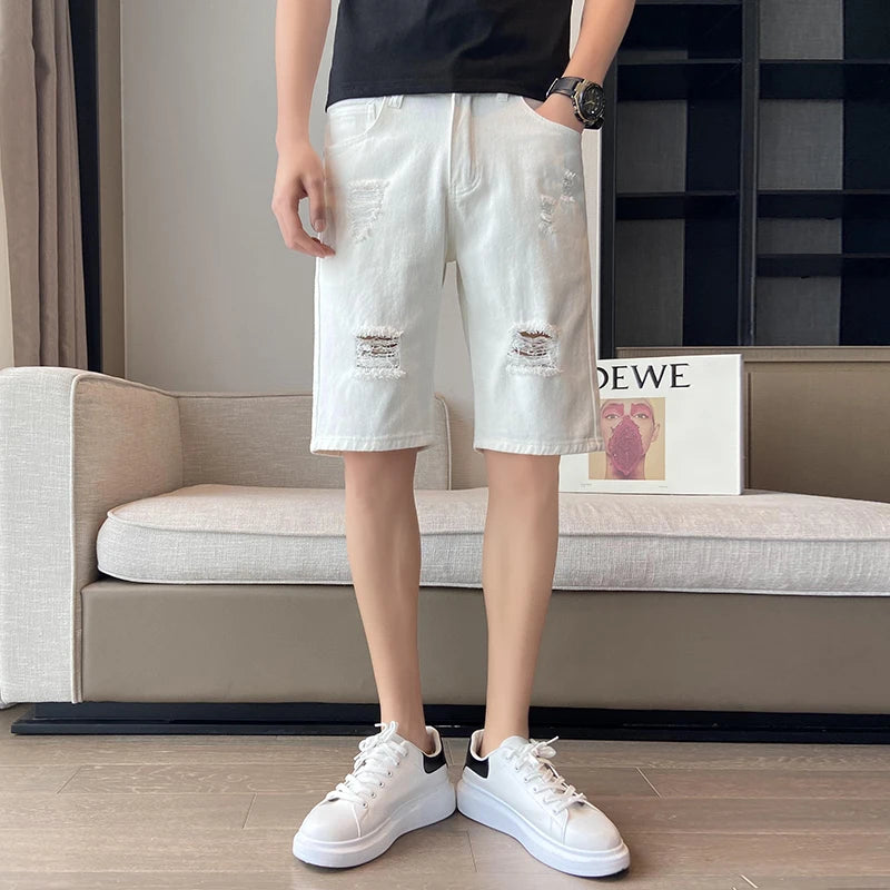 Summer Men's Casual White Denim Shorts White Fashion Ripped Straight Pants Stretch Slimsoft Male Knee Length Hole Short Jeans