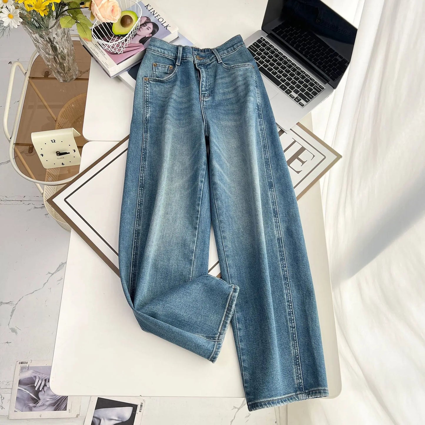 Plus Size Women's High Waist Narrow Straight Jeans 2025 Spring Fall Premium Sickle Cut Wide Leg Pants For Pear-Shaped Figure