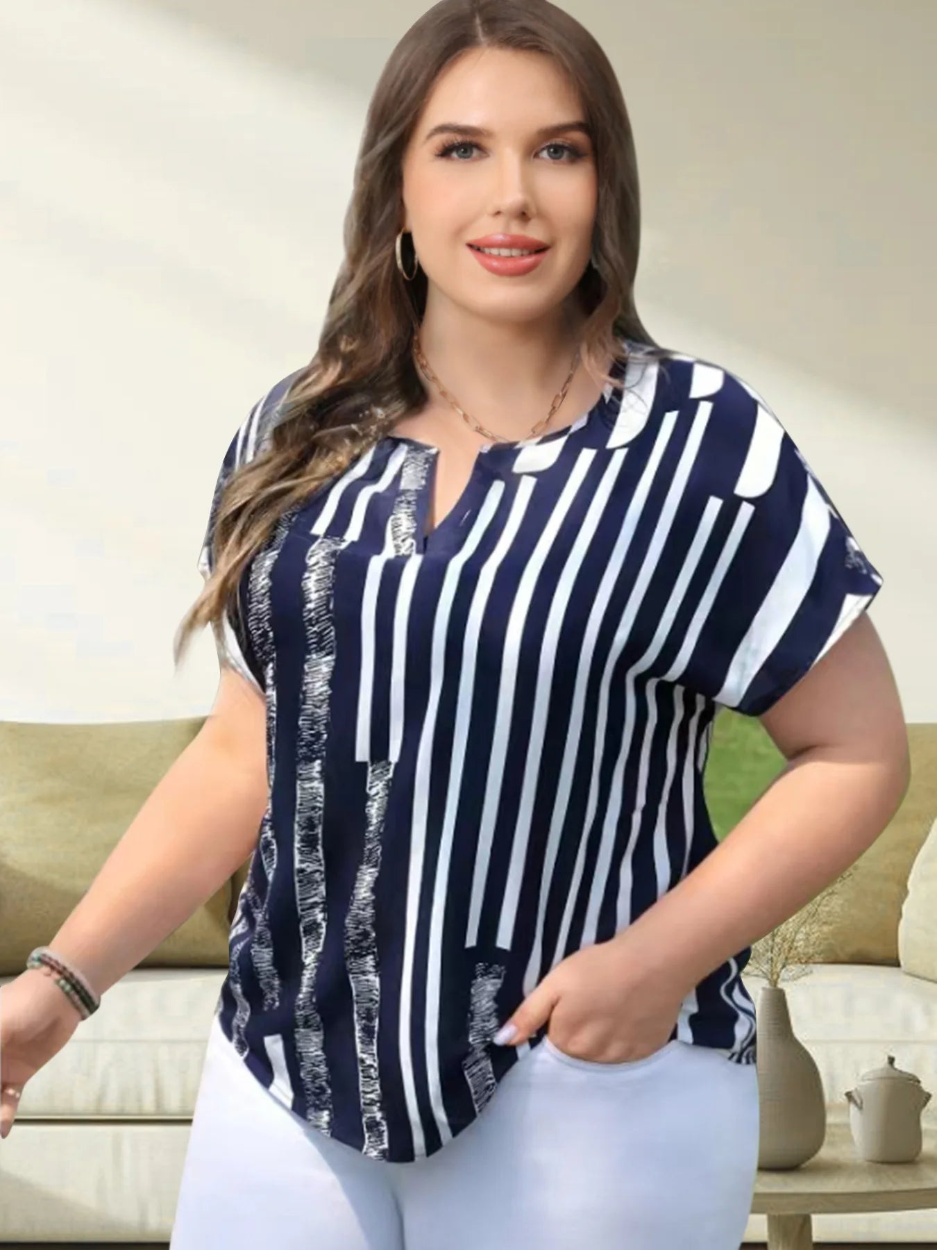 Plus Size Summer Striped Print V-Neck Pullover Tops Women Casual Loose Pleated Ladies Blouses Fashion Woman Short Sleeve Tops