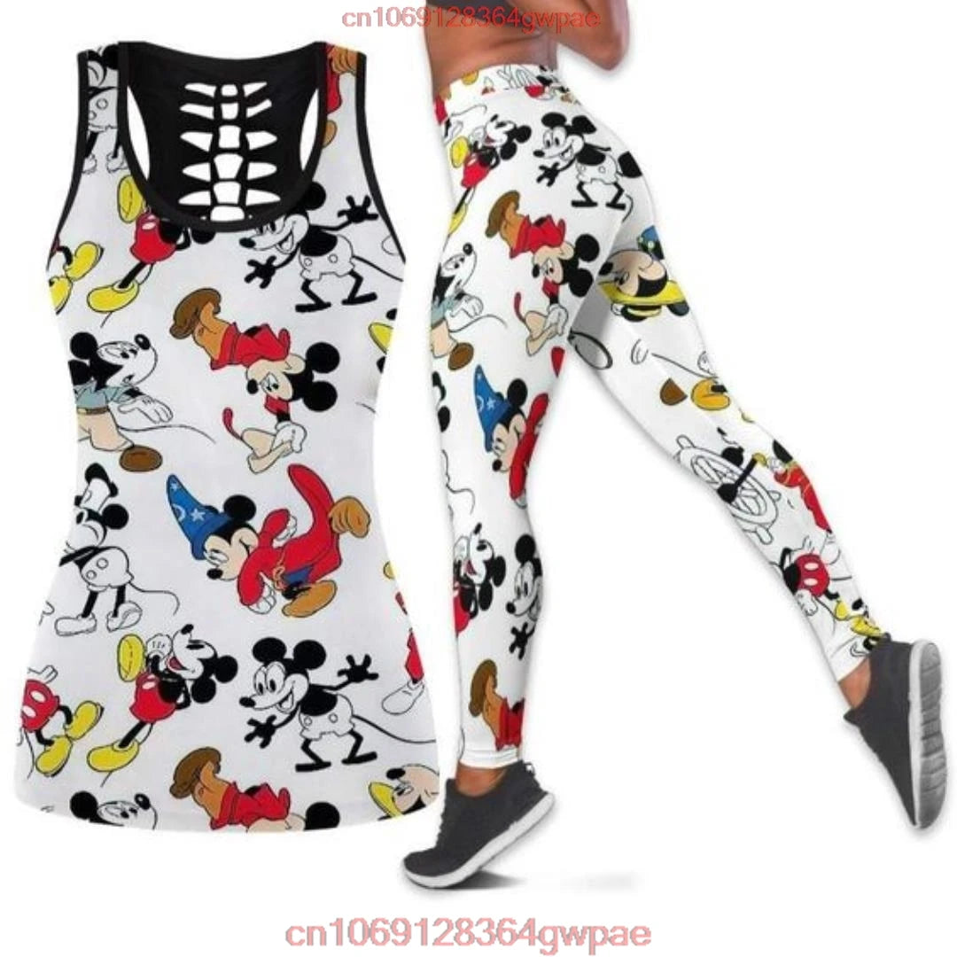 New Mickey Mouse Women's Hollow Vest Women's Leggings Yoga Suit Fitness Leggings Sports Suit Disney Tank Top Legging Set Outfit