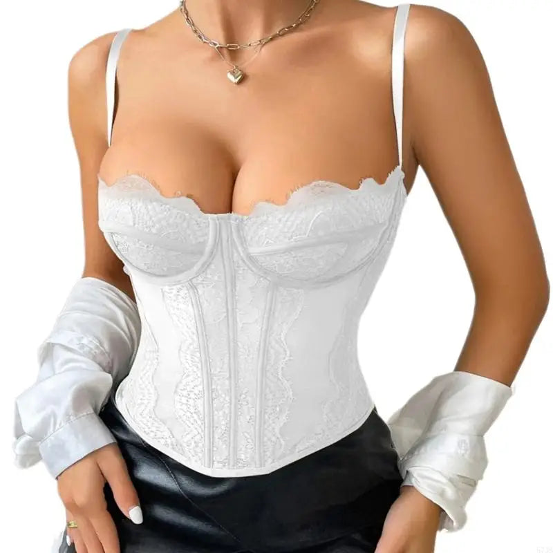 573B Elegant Black Supportive Undergarment High Elasticity Fabric Lace Corset Top for Daily Wear and Special Occasion