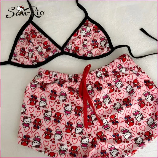 2Pcs Hello Kitty Bikini Swimsuit Women Summer Swimwear Sexy Bra Undergarments Ladies Pajama Set Kawaii Slim Pyjamas Homewear