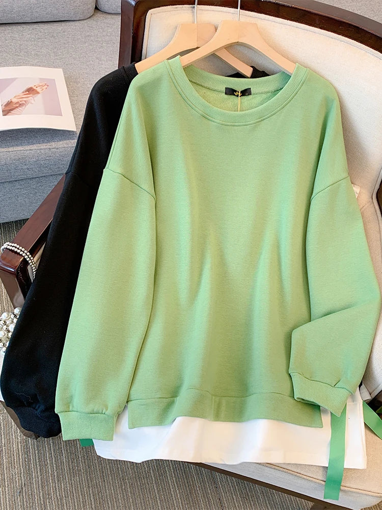 Spring and Autumn New Plus Size Women's Black and Green Fake Two Piece Sweatshirt Round Neck Casual Tie Long Sleeve Top 2024 big