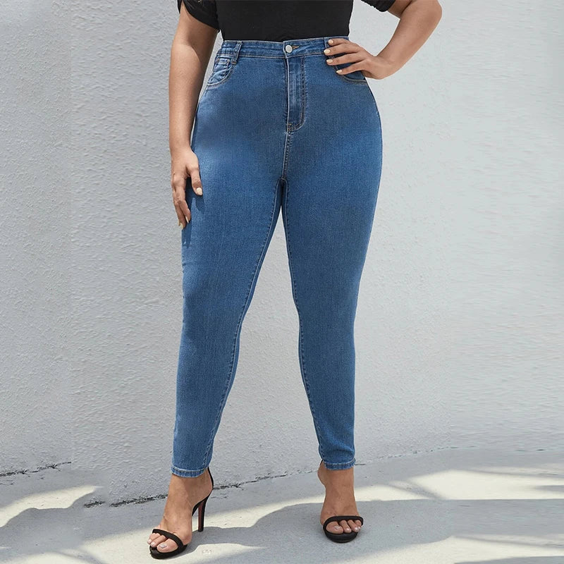 Plus Size Women Mom Jeans High Waist Plus Size Jeans High Elastic Stretch Jeans 100kgs Washed Denim Skinny Pencil Denim Pant