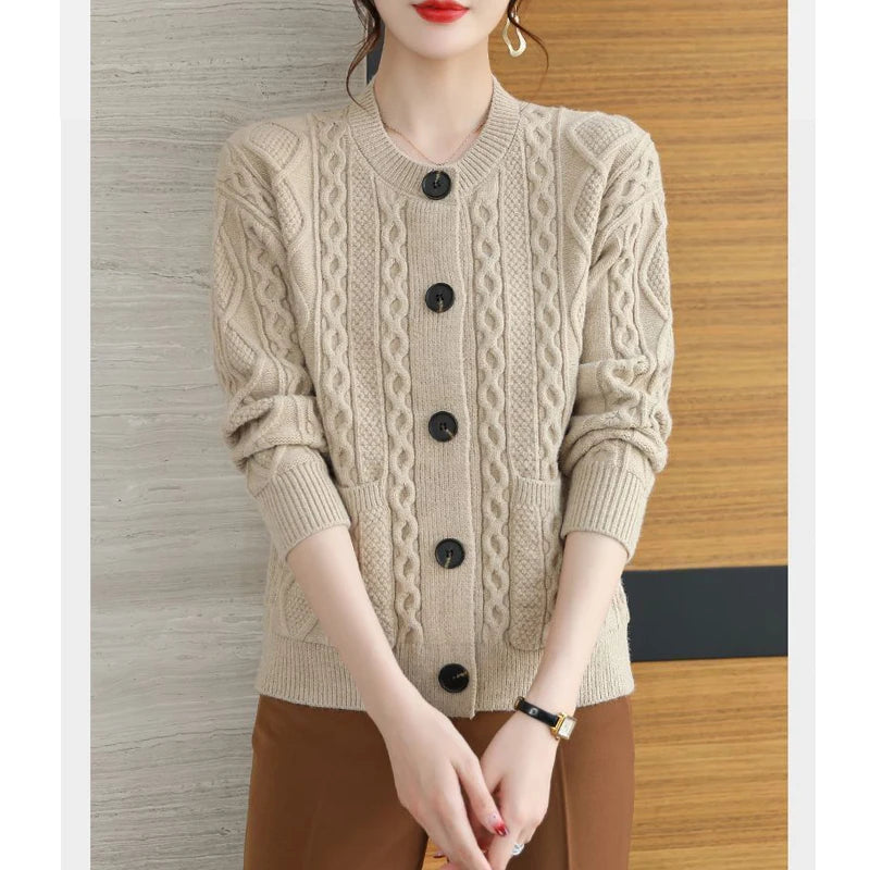 Autumn and Winter Women Stylish Vintage Loose Twists Knitted Cardigan Elegant Solid O Neck Long Sleeve Pocket Thick Sweater Coat