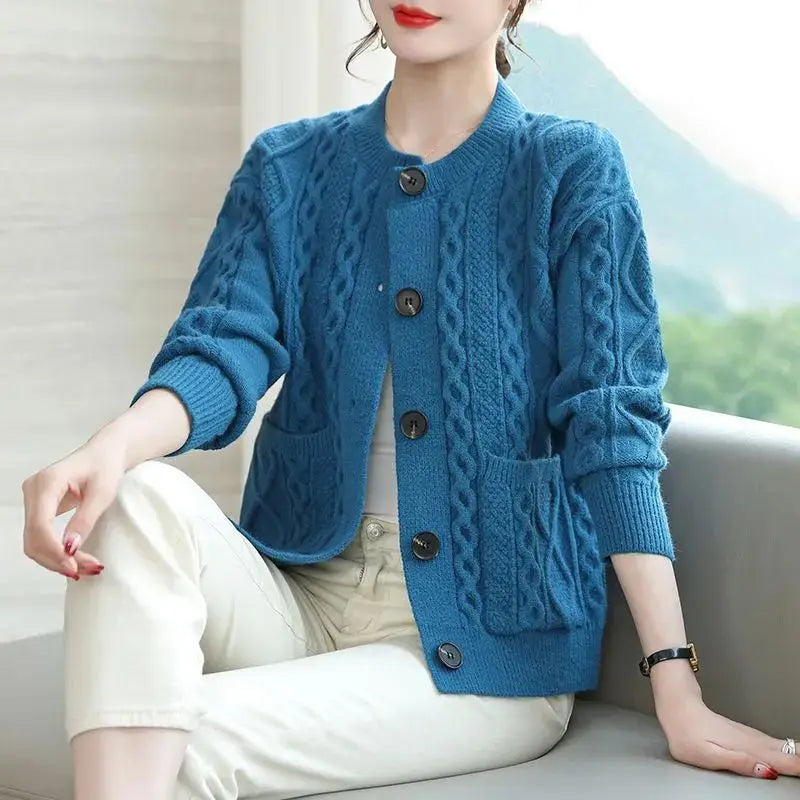 Autumn and Winter Women Stylish Vintage Loose Twists Knitted Cardigan Elegant Solid O Neck Long Sleeve Pocket Thick Sweater Coat