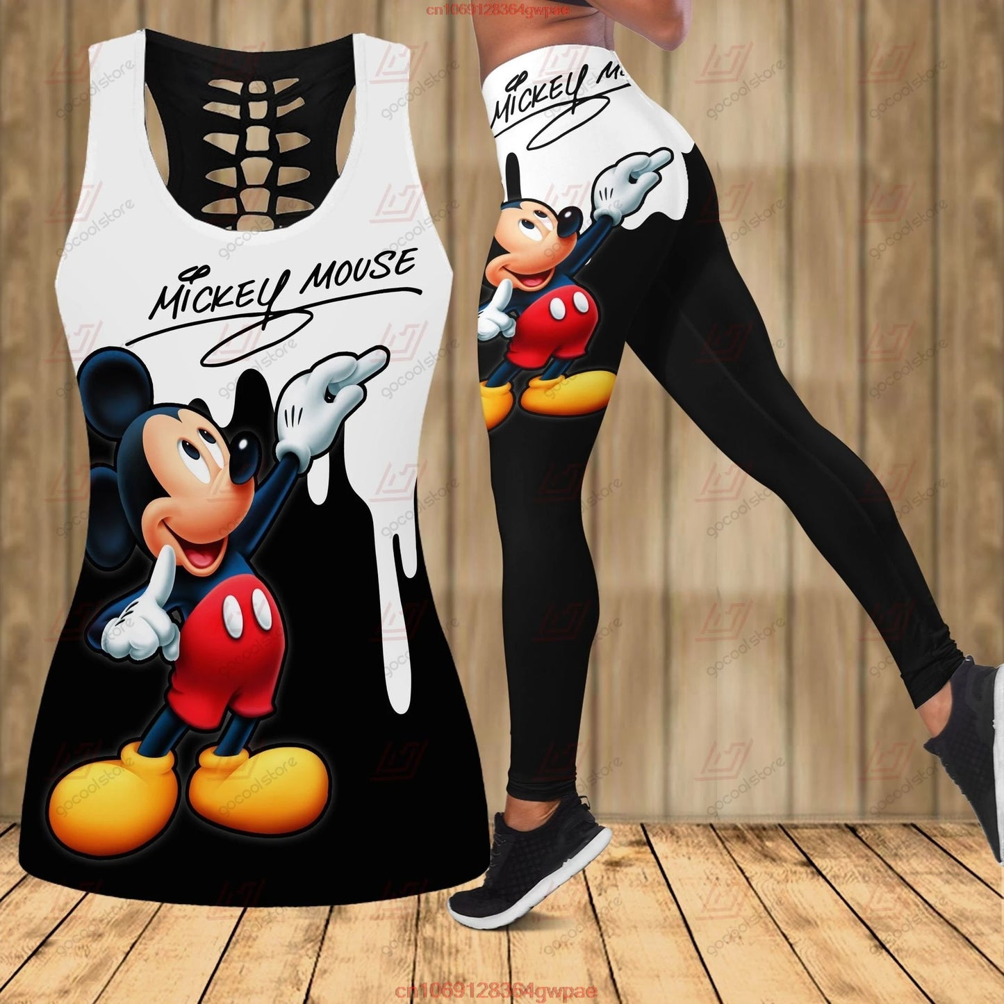 New Mickey Mouse Women's Hollow Vest Women's Leggings Yoga Suit Fitness Leggings Sports Suit Disney Tank Top Legging Set Outfit