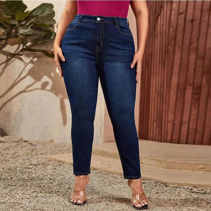 Plus Size Women Mom Jeans High Waist Plus Size Jeans High Elastic Stretch Jeans 100kgs Washed Denim Skinny Pencil Denim Pant