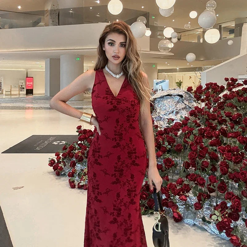 2024 New Sleeveless Long Dress Women Summer rinted Deep v-neck Dress Femae Fashion Fora  Waist Slim Dresses