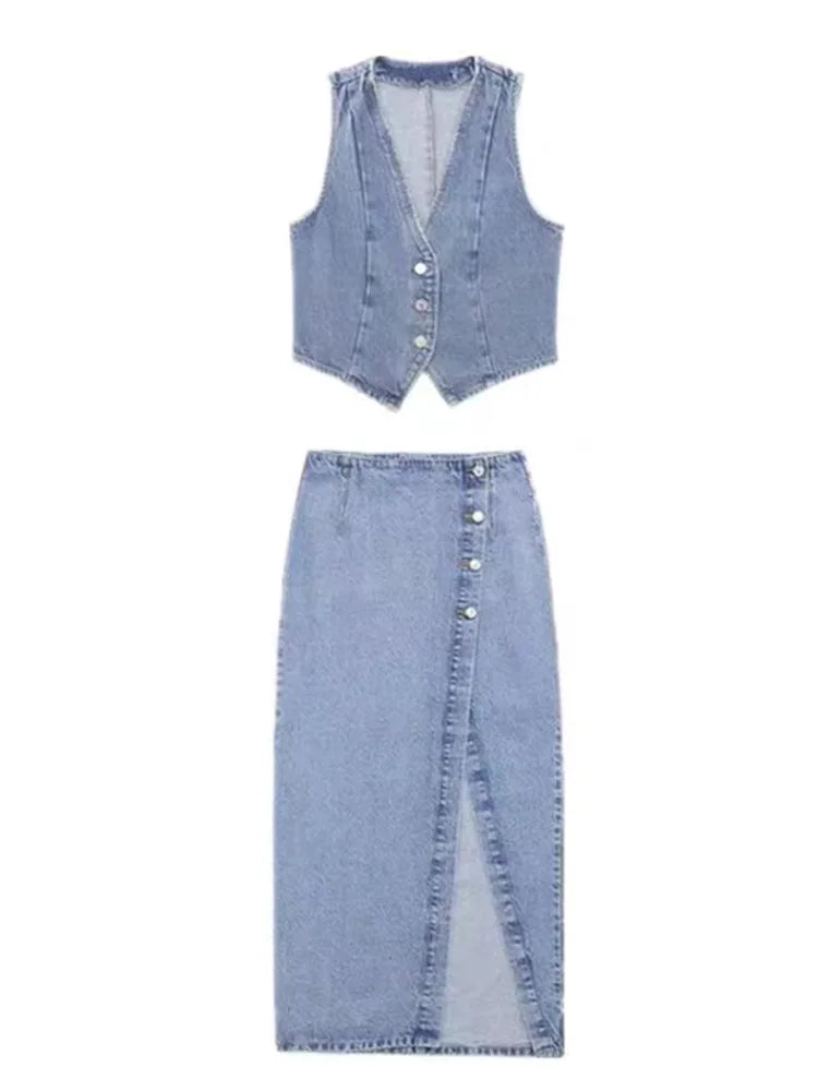 Women s 2 Piece Denim Skirts Outfits Solid Color Buttons Sleeveless Denim Tank Tops Jean Skirts Clothes Set