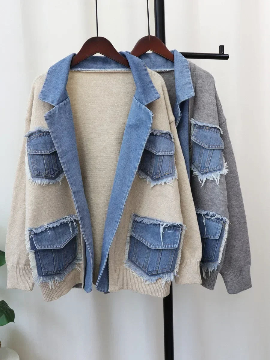 Raw Hem Cardigan Women Sweaters Patchwork Notched Collar Knitted Denim Jackets Jumpers Pockets Thick Coats Autumn Winter Outwear