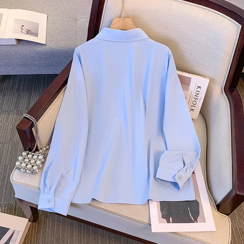 150Kg Plus Size Women's Bust 162 Spring Summer Long Sleeved Polo Shirt BT Hong Kong Style Slim Top Blue 5XL 6XL 7XL 8XL 9XL