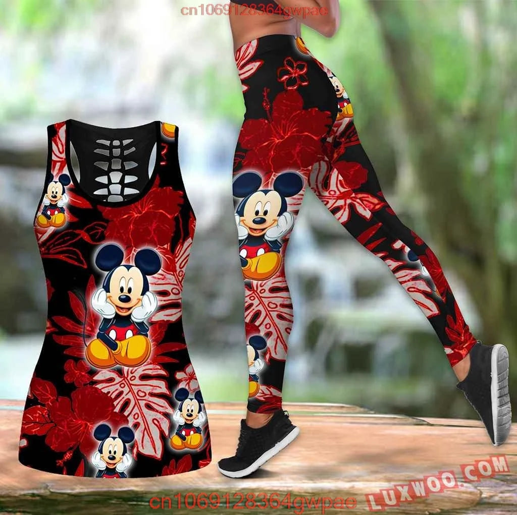 New Mickey Mouse Women's Hollow Vest Women's Leggings Yoga Suit Fitness Leggings Sports Suit Disney Tank Top Legging Set Outfit