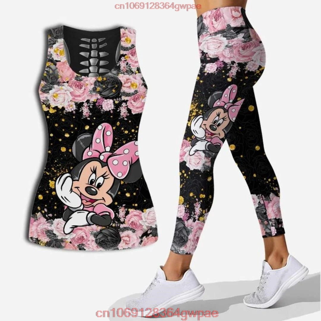 New Mickey Mouse Women's Hollow Vest Women's Leggings Yoga Suit Fitness Leggings Sports Suit Disney Tank Top Legging Set Outfit