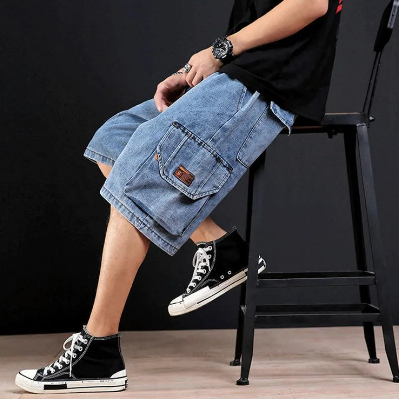 Men's Short Jeans Pants Cargo Baggy Drawstring Male Denim Shorts with Pockets Text Wide Loose Original Cowboy Buttons Jorts Sale