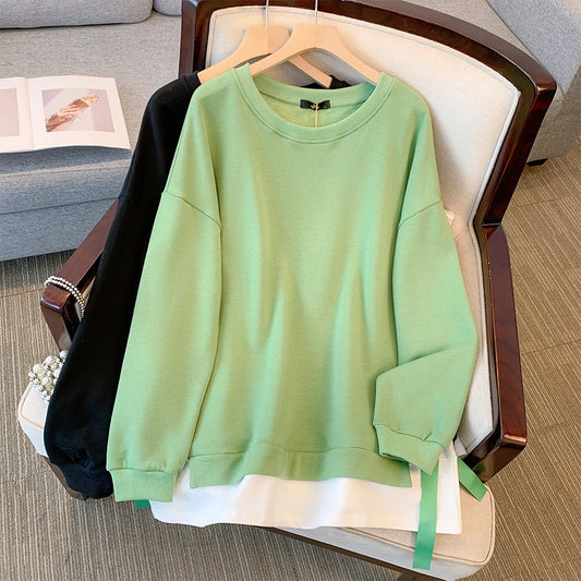 Spring and Autumn New Plus Size Women's Black and Green Fake Two Piece Sweatshirt Round Neck Casual Tie Long Sleeve Top 2024 big