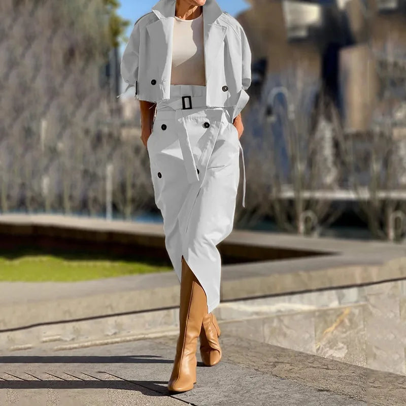 Casual Cargo Temperament Button Belt Dress Set Women Stand Collar Short Jacket Tops and High-waisted Slit Skirt Office Two-Piece