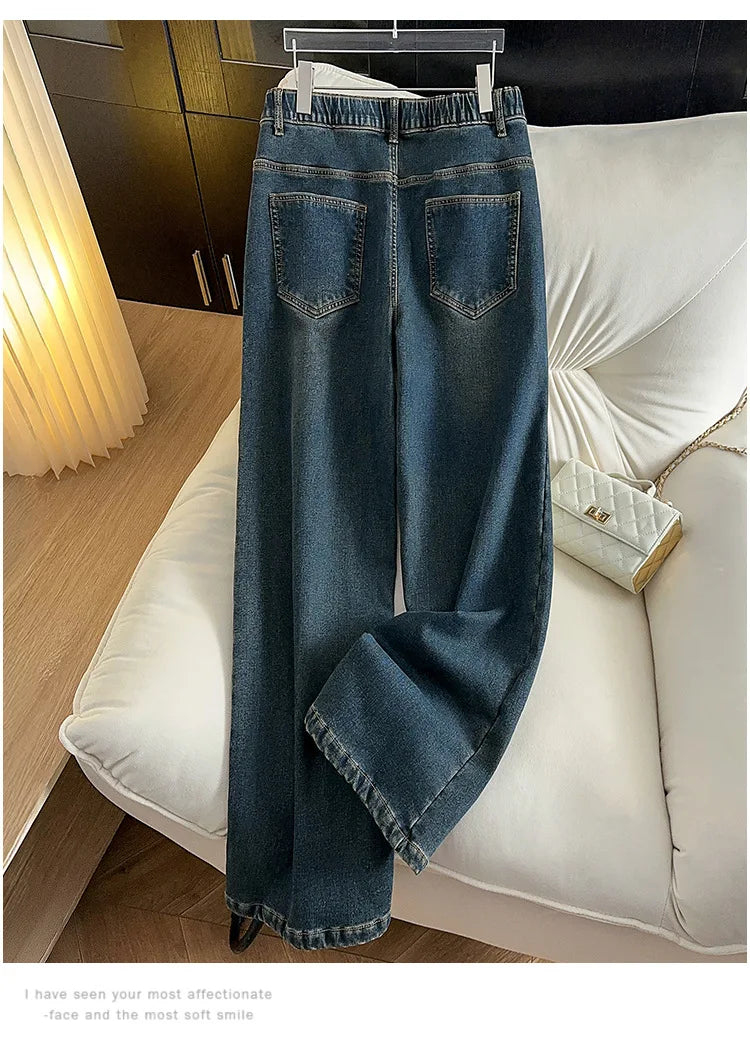 155Kg Plus Size Women's Hip 150-160 Winter Fleece Loose High Waisted Jeans Casual Straight Leg Pants Blue 5XL 6XL 7XL 8XL 9XL