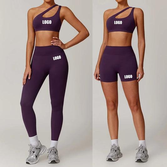 Custom LOGO women's clothing slanted shoulder beauty back nude yoga vest sports running fitness trousers shorts set