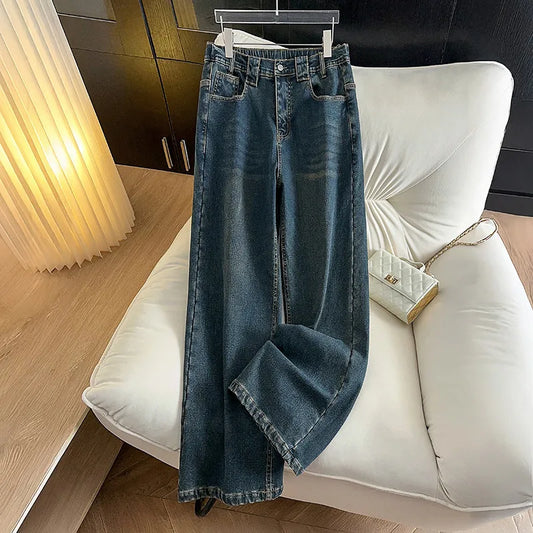 155Kg Plus Size Women's Hip 150-160 Winter Fleece Loose High Waisted Jeans Casual Straight Leg Pants Blue 5XL 6XL 7XL 8XL 9XL