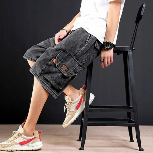 Men's Short Jeans Pants Cargo Baggy Drawstring Male Denim Shorts with Pockets Text Wide Loose Original Cowboy Buttons Jorts Sale