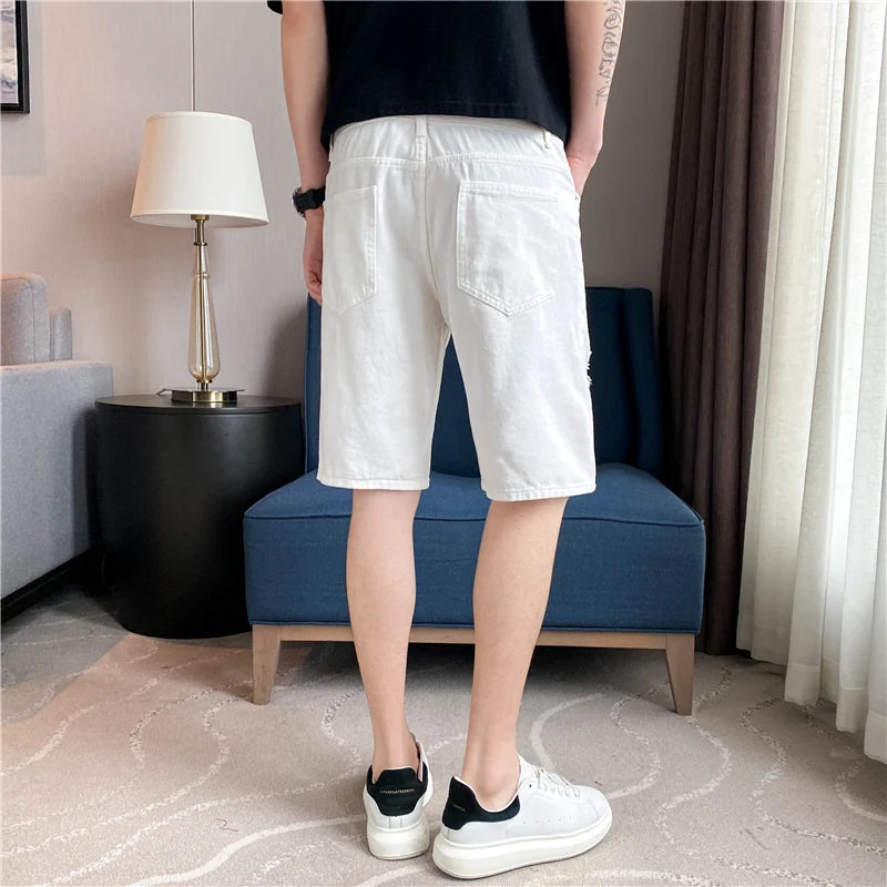 Summer Men's Casual White Denim Shorts White Fashion Ripped Straight Pants Stretch Slimsoft Male Knee Length Hole Short Jeans